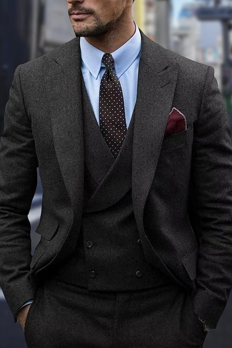 Men's Single Breasted Two-Button Wedding Suits In Dark Gray Peak Tweed