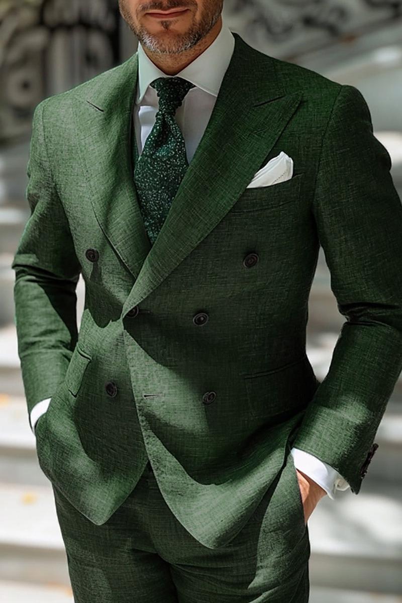 Men's Six-Button Double Breasted Dark Green Evening Suits For Weddings And Parties