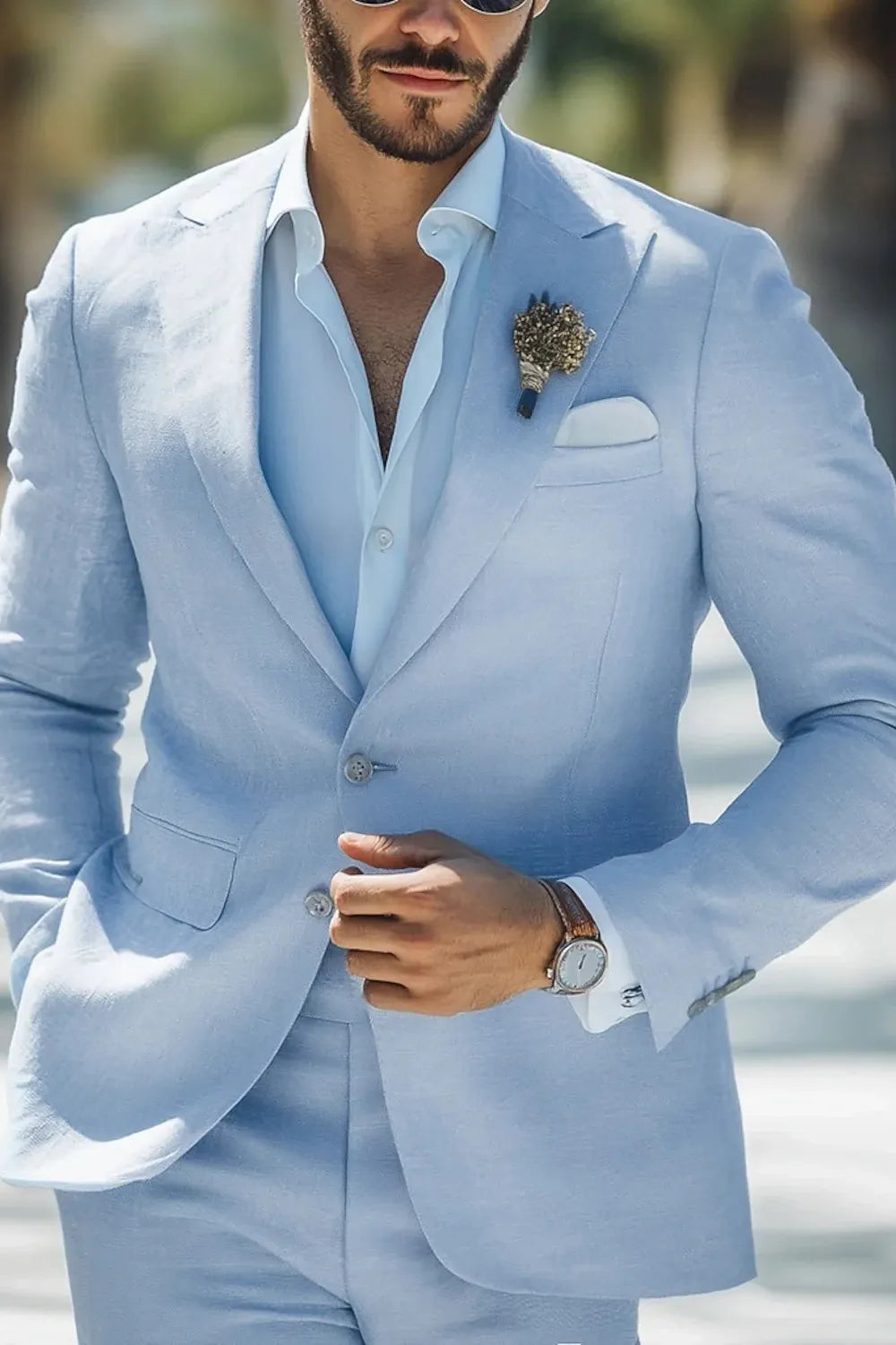 Men's Sky Blue Linen Beach Wedding Suit - 2-Piece Casual Single-Breasted Two-Button Set