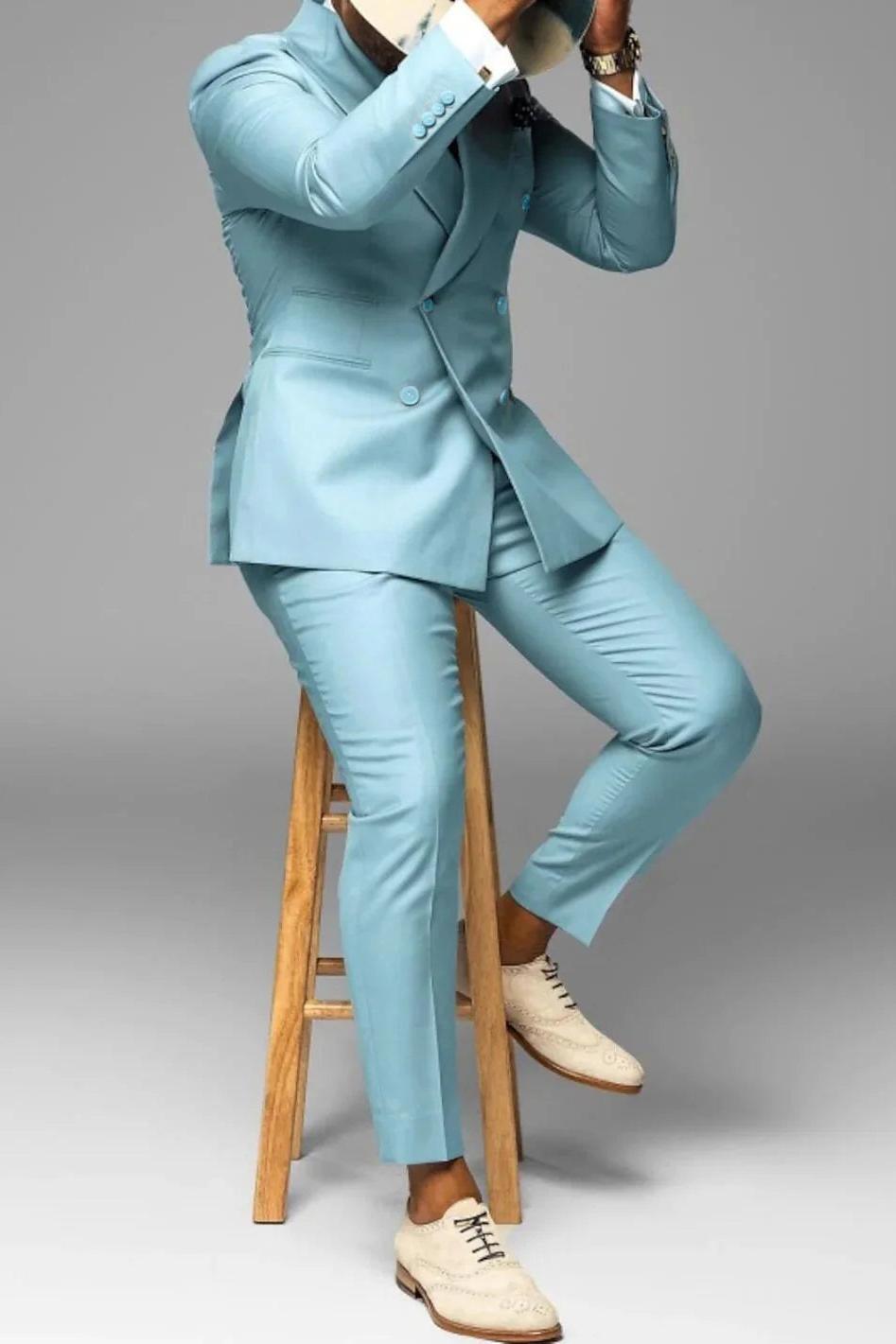 Men's Sky Blue Tailored Fit 2-Piece Wedding Suit With Six-Button Double Breasted Design