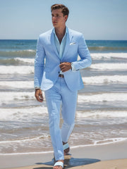 Men's Sky Blue Tailored Fit Two-Button Casual Beach Wedding Suit