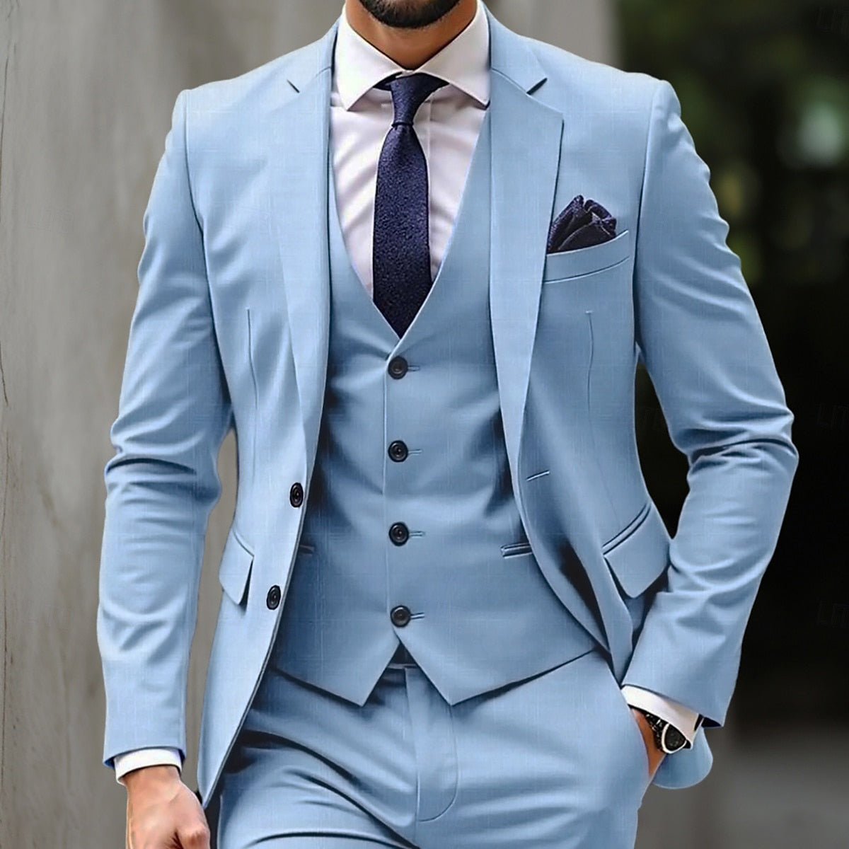 Men's Sky Blue Three-Piece Single-Breasted Two-Button Formal Wedding Suit
