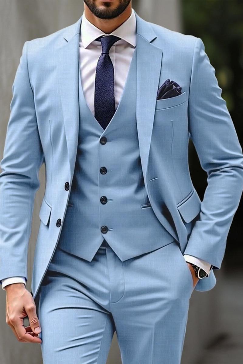 Men's Sky Blue Three-Piece Single-Breasted Two-Button Formal Wedding Suit