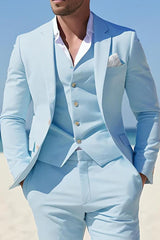 Men's Slim Fit Sky Blue Single-Breasted Two-Button Solid Beach Wedding Suit