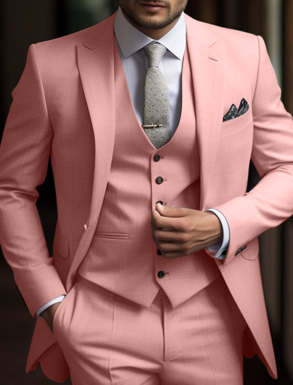 Men's Solid Colored 3-Piece Wedding Suit In Tailored Fit With Single Breast And Two Buttons
