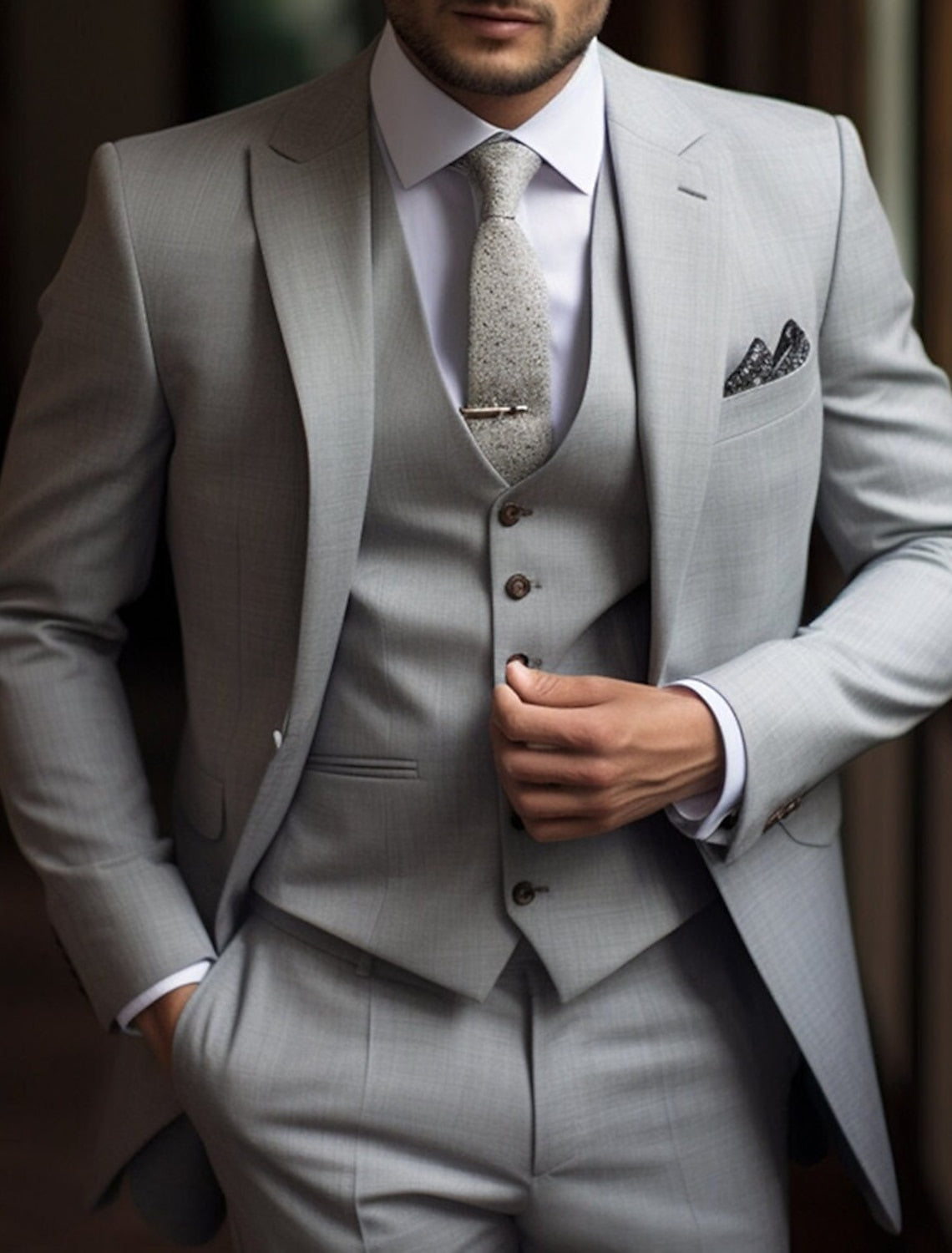 Men's Solid Colored 3-Piece Wedding Suit In Tailored Fit With Single Breast And Two Buttons