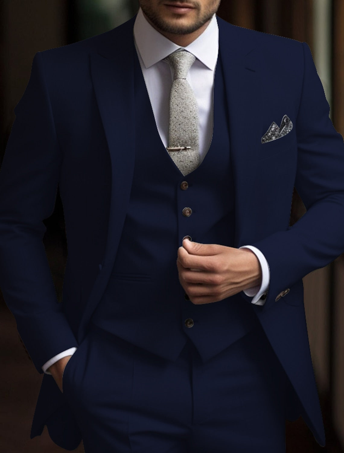 Men's Solid Colored 3-Piece Wedding Suit In Tailored Fit With Single Breast And Two Buttons