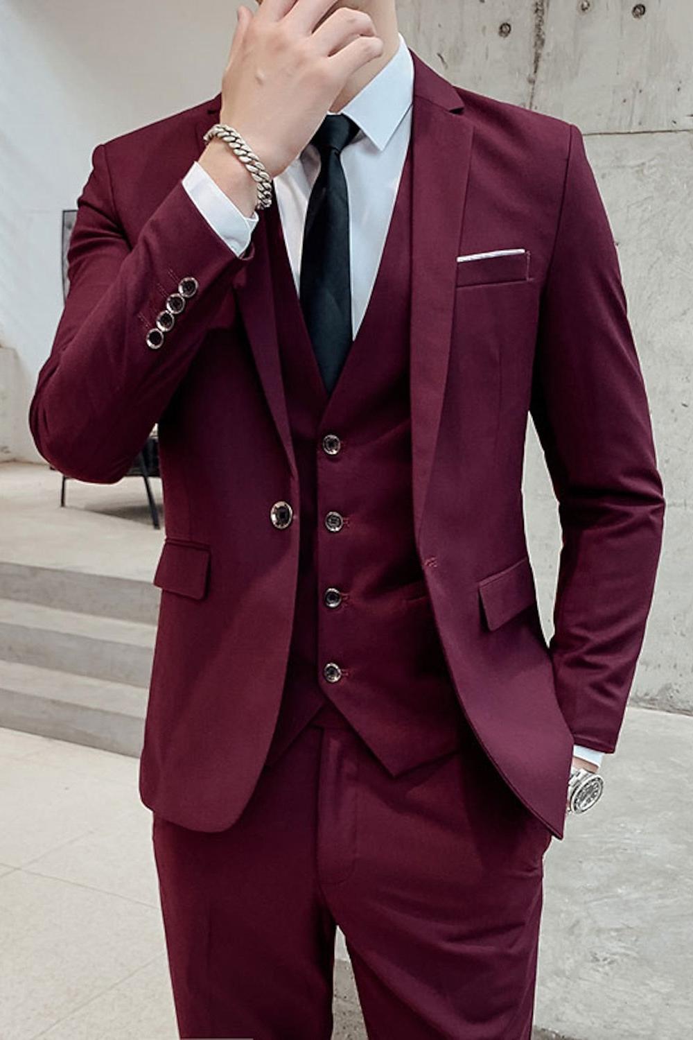 Men's Solid Colored 3-Piece Wedding Suit In Tailored Fit With Single Breasted Two-Button Design