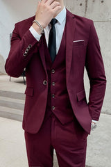 Men's Solid Colored 3-Piece Wedding Suit In Tailored Fit With Single Breasted Two-Button Design