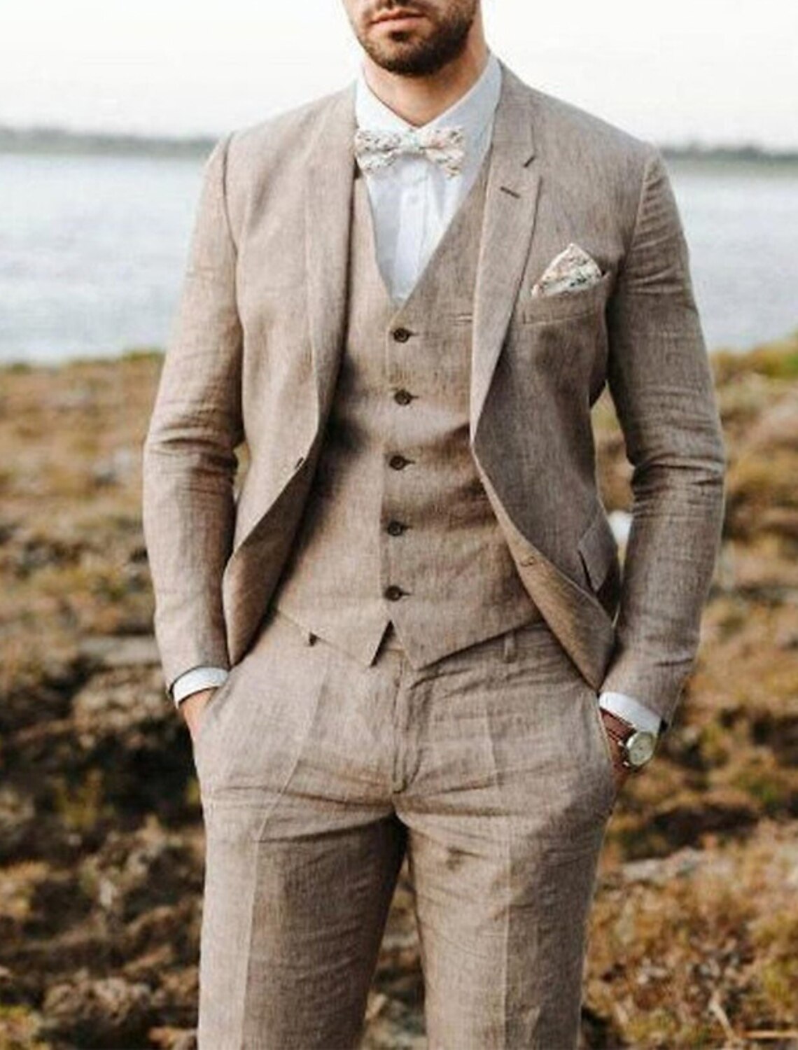 Men's Solid Colored Linen 3-Piece Suit With Tailored Fit And Two-Button Single Breasted