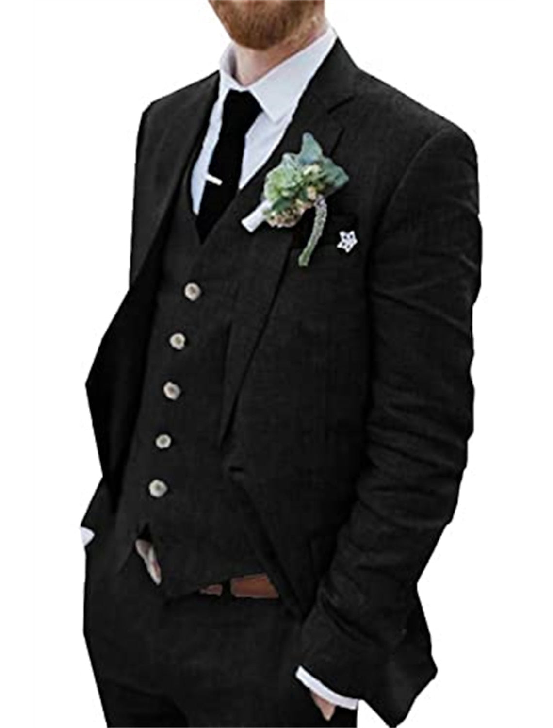 Men's Solid Colored Linen 3-Piece Suit With Tailored Fit And Two-Button Single Breasted Design