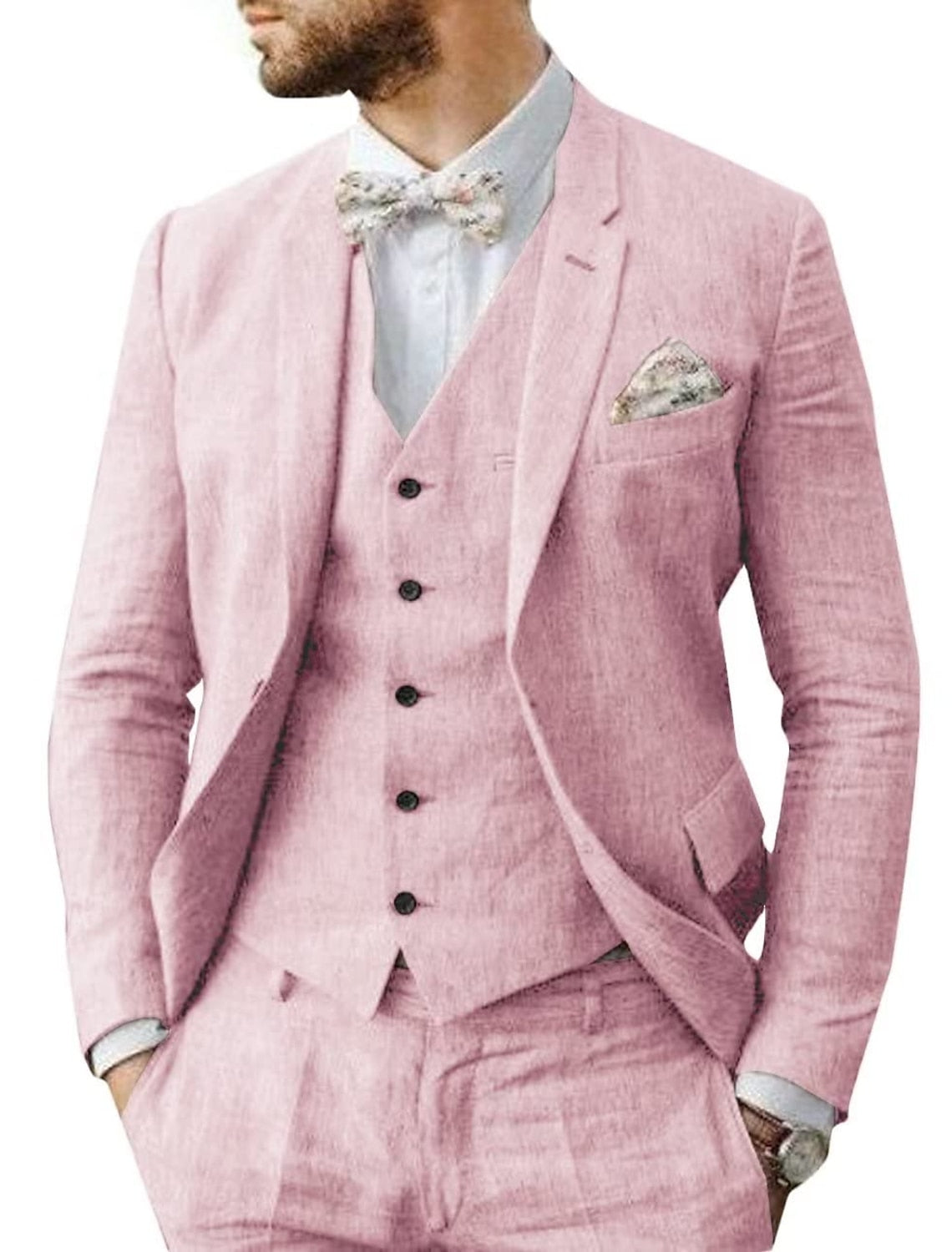 Men's Solid Colored Linen 3-Piece Suit With Tailored Fit And Two-Button Single Breasted Design