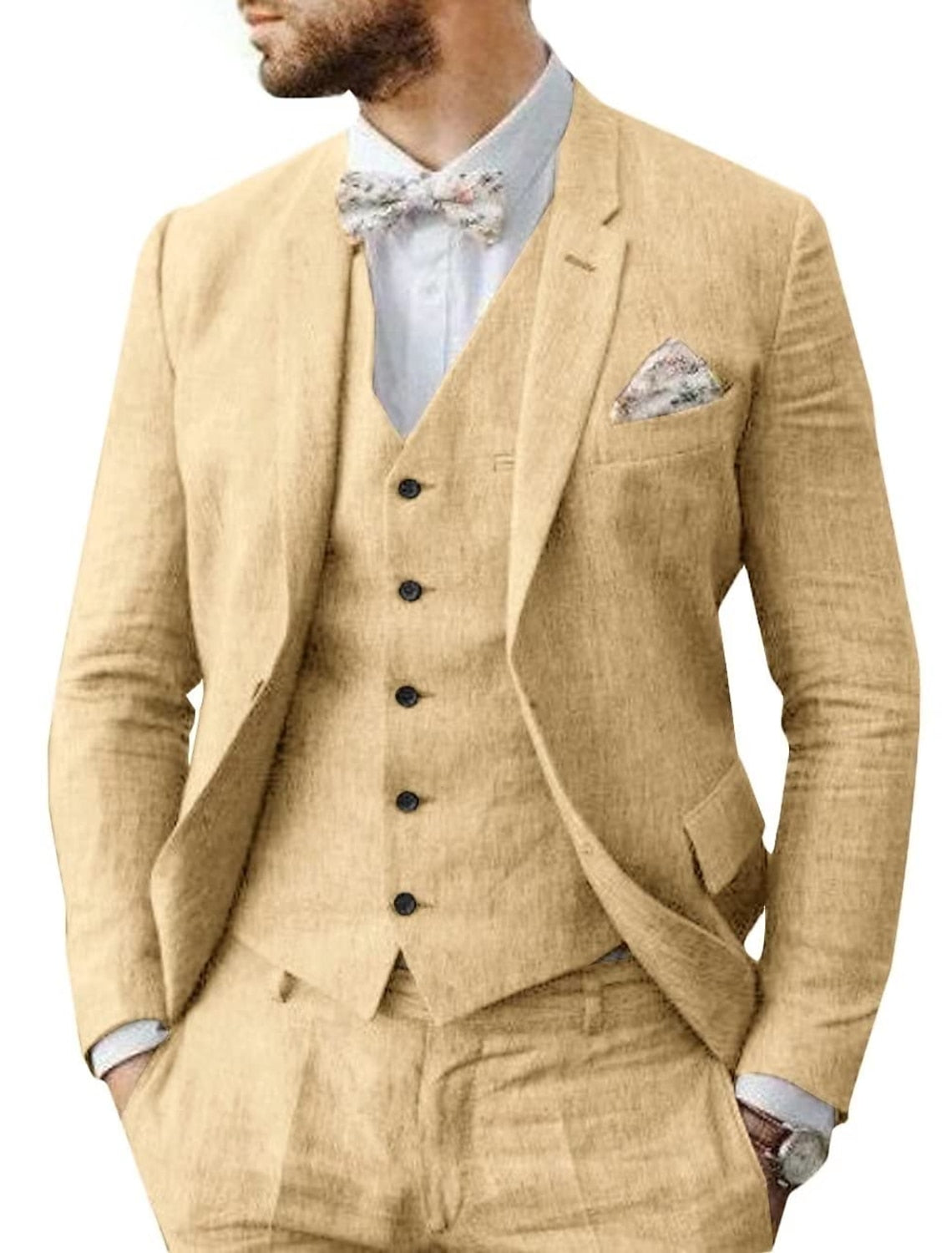 Men's Solid Colored Linen 3-Piece Suit With Tailored Fit And Two-Button Single Breasted Design
