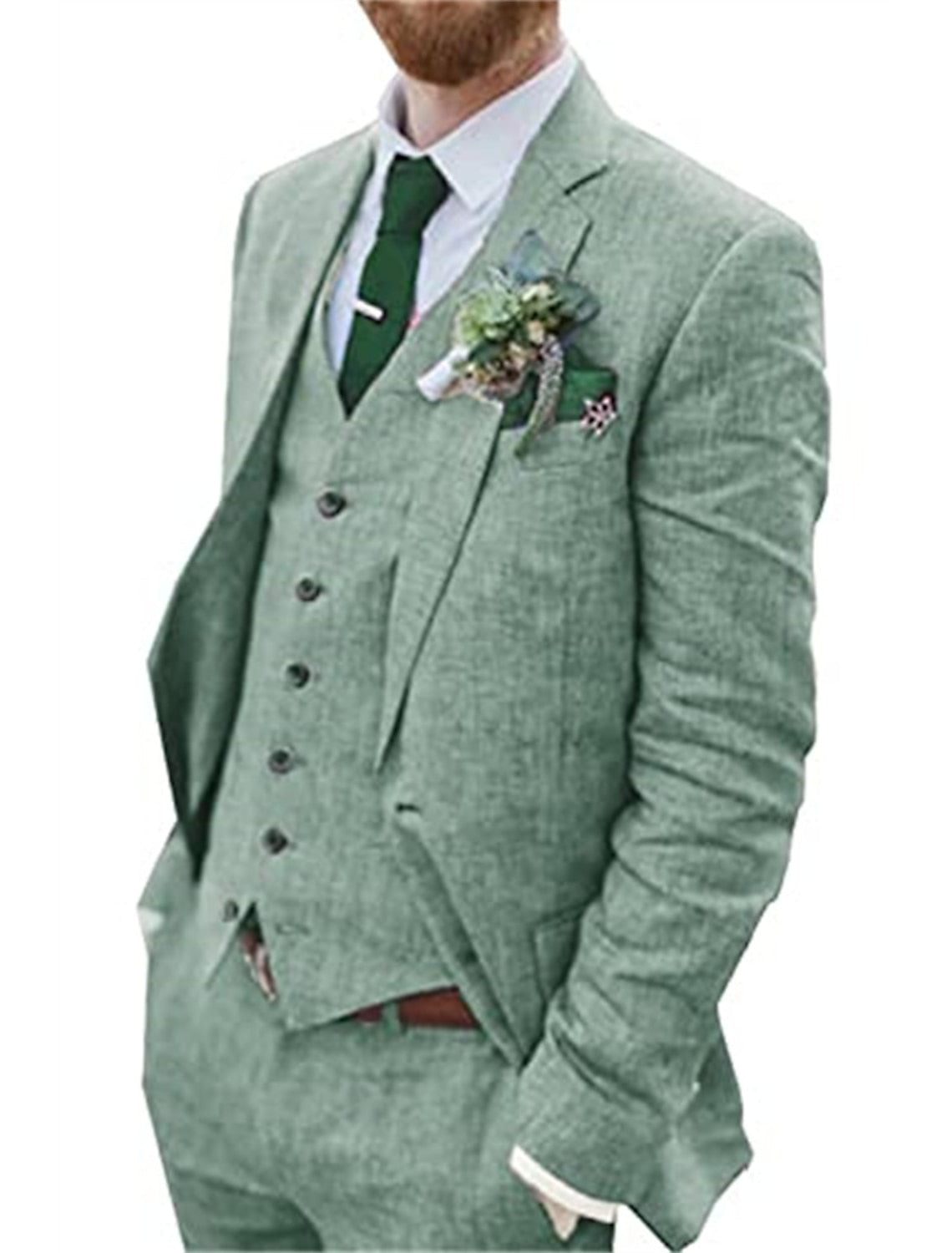 Men's Solid Colored Linen 3-Piece Suit With Tailored Fit And Two-Button Single Breasted Design