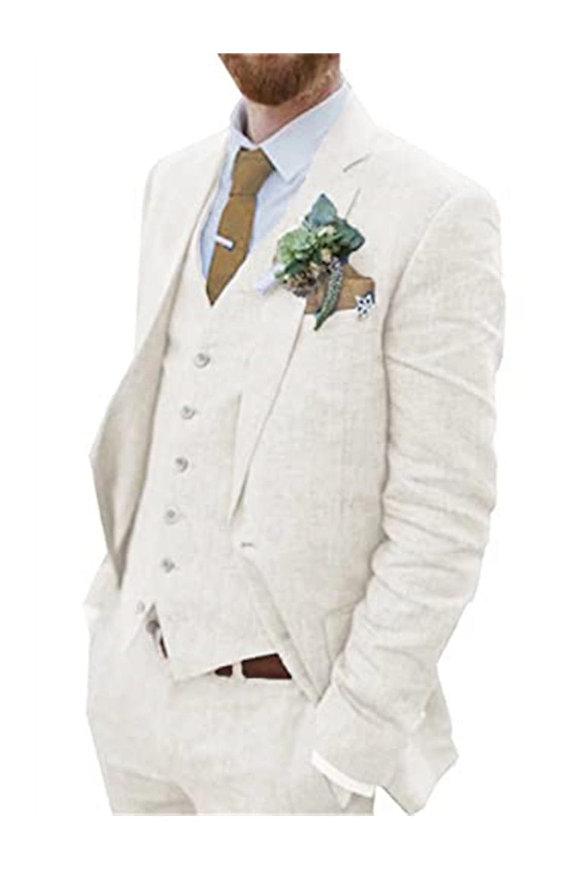 Men's Solid Colored Linen 3-Piece Suit With Tailored Fit And Two-Button Single Breasted Design