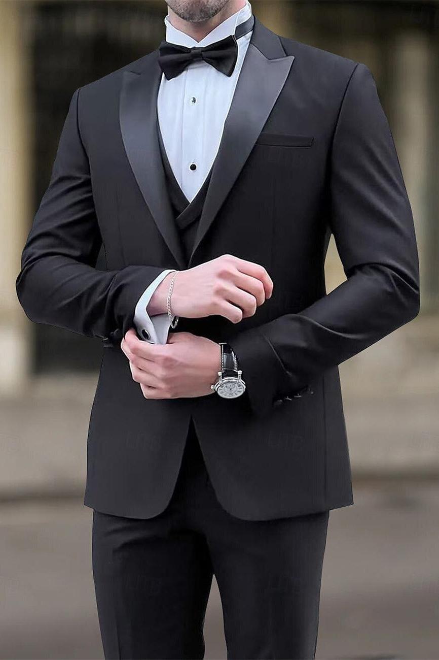 Men's Tailored Fit Black Khaki Single-Breasted One-Button Plaid Wedding Suit In 3 Pieces