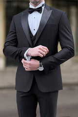 Men's Tailored Fit Black Khaki Single-Breasted One-Button Plaid Wedding Suit In 3 Pieces