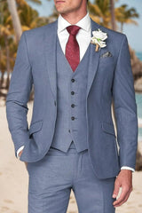 Men's Tailored Fit Notch Single Breasted One-Button Suit In Dusty Blue For Beach Weddings And Parties