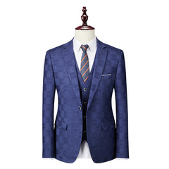 Men's Tailored Fit Single Breasted One-Button 3-Piece Plaid Wedding Suit In Blue Burgundy Black