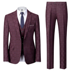 Men's Tailored Fit Single Breasted One-Button 3-Piece Plaid Wedding Suit In Blue Burgundy Black