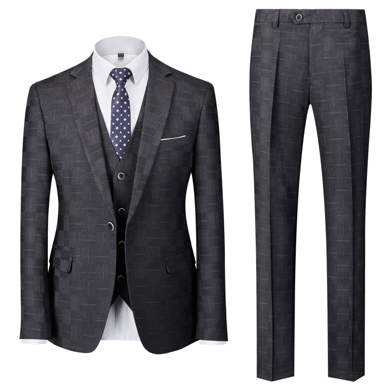 Men's Tailored Fit Single Breasted One-Button 3-Piece Plaid Wedding Suit In Blue Burgundy Black