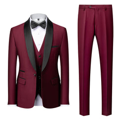 Men's Tailored Fit Single Breasted One-Button 3-Piece Wedding Suit In Blue Burgundy Gray Red And Black