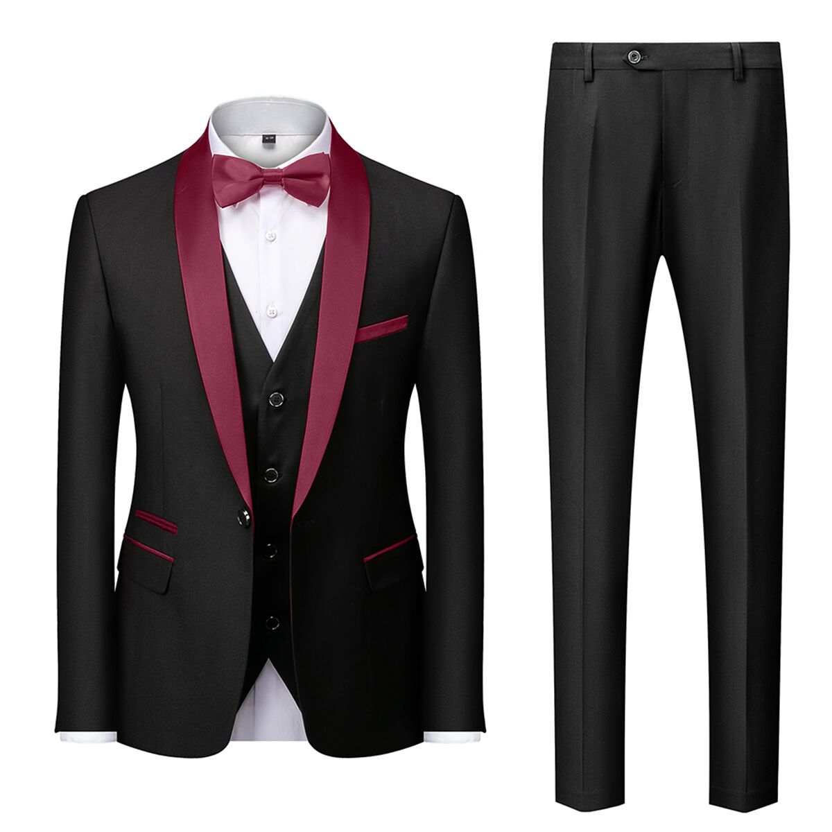 Men's Tailored Fit Single Breasted One-Button 3-Piece Wedding Suit In Blue Burgundy Gray Red And Black