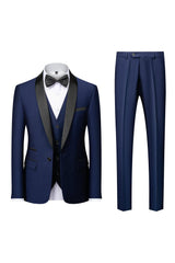 Men's Tailored Fit Single Breasted One-Button 3-Piece Wedding Suit In Blue Burgundy Gray Red And Black