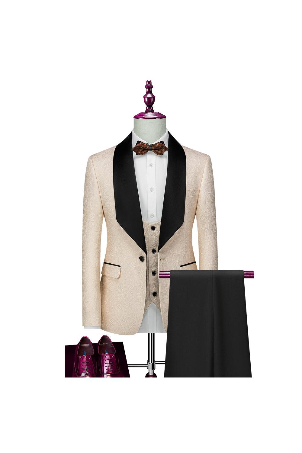 Men's Tailored Fit Single-Breasted One-Button 3-Piece Wedding Suit In Champagne Pink Red White And Black Patterns