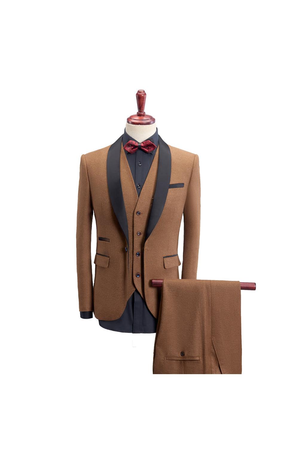 Men's Tailored Fit Single-Breasted One-Button 3-Piece Wedding Suit In Khaki Burgundy Blue Gray And Black