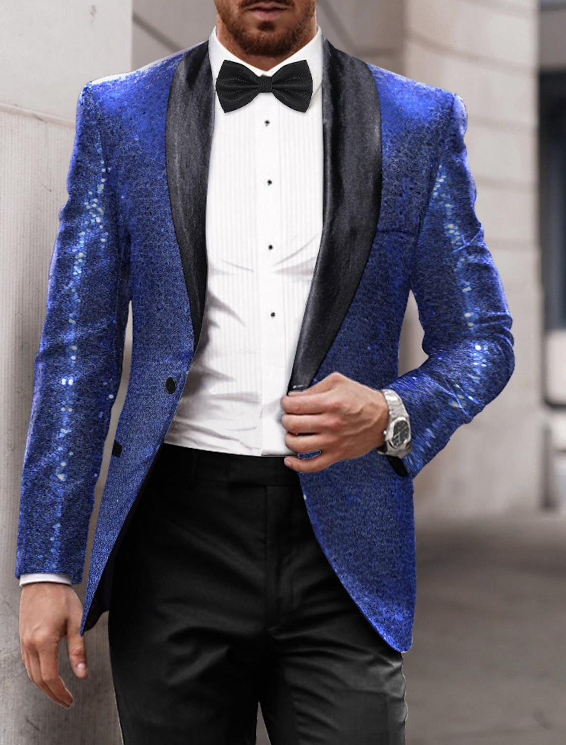 Men's Tailored Fit Single Breasted One-Button Sequins Party Jacket In Gold Red Blue And Silver