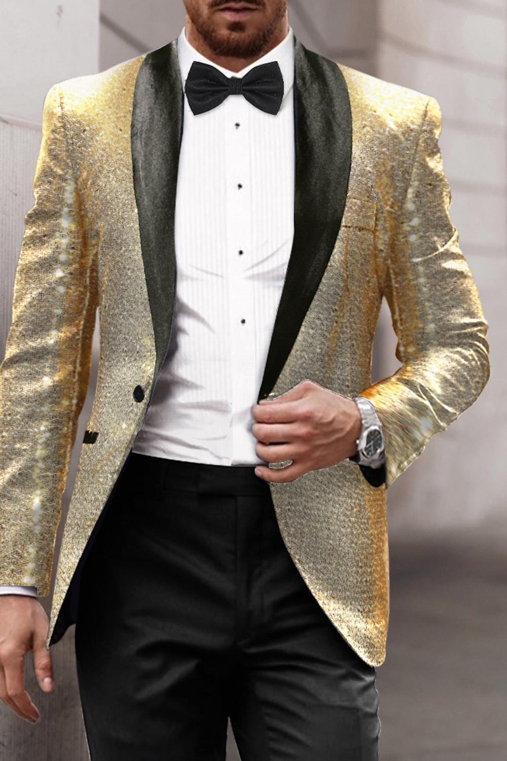 Men's Tailored Fit Single Breasted One-Button Sequins Party Jacket In Gold Red Blue And Silver