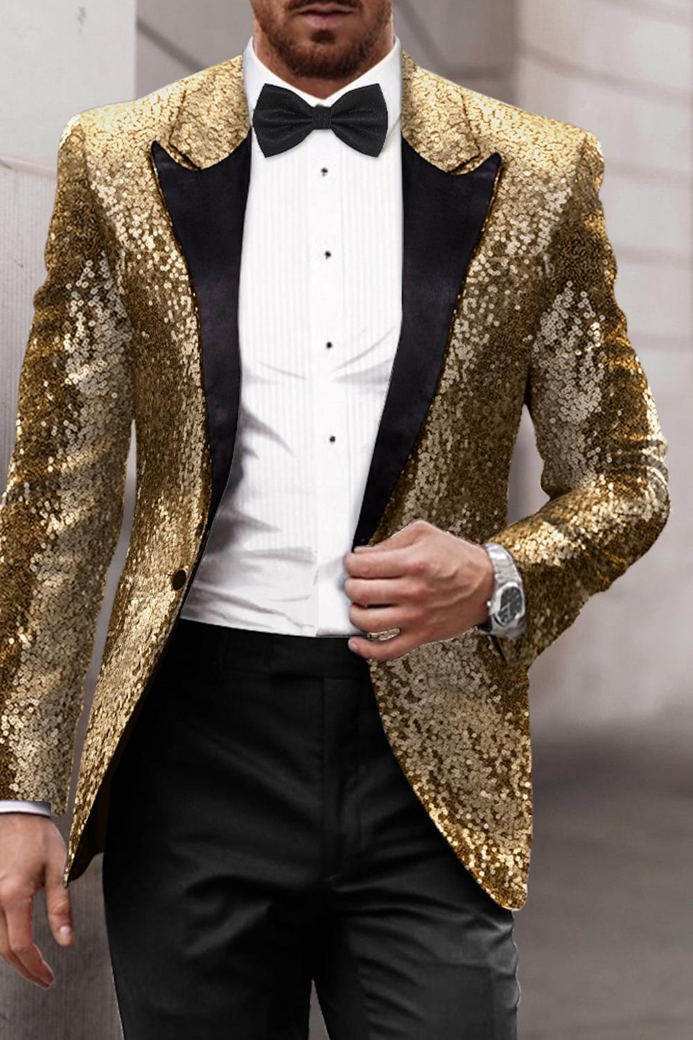 Men's Tailored Fit Single Breasted One-Button Sequins Party Jacket In Gold Red Blue Gray And Purple