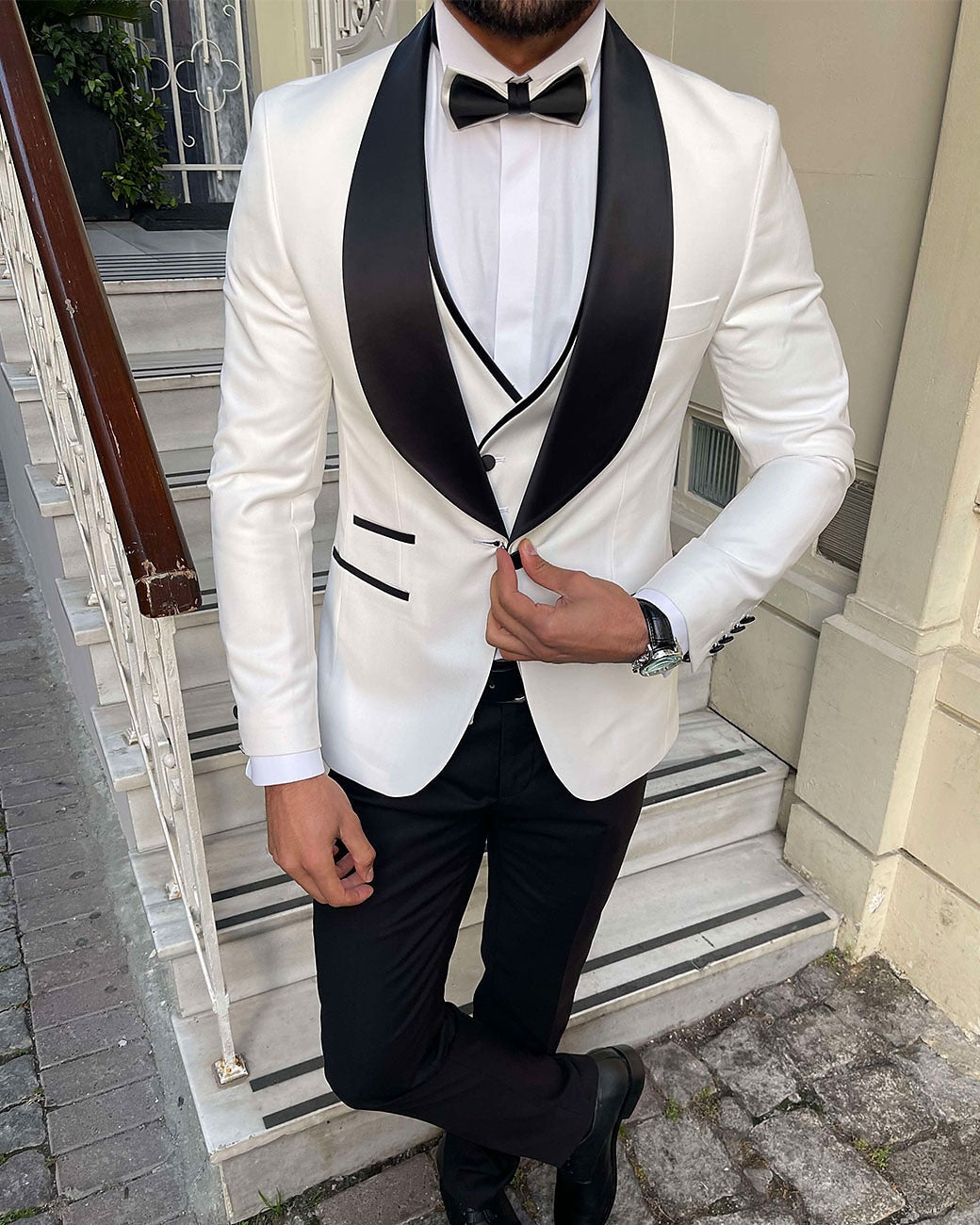 Men's Tailored Fit White Champagne Gray One-Button Single Breasted 3-Piece Party Suit