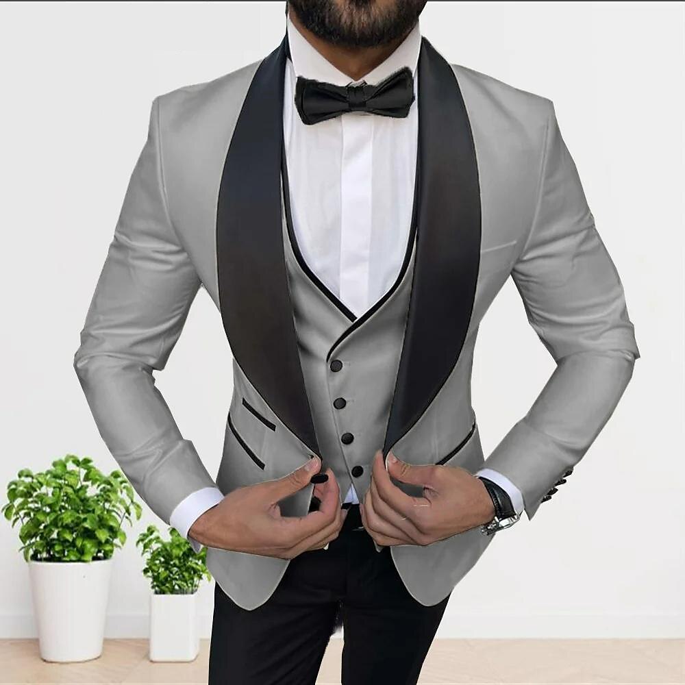 Men's Tailored Fit White Champagne Gray One-Button Single Breasted 3-Piece Party Suit