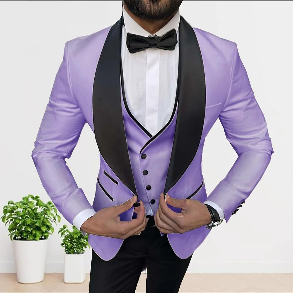 Men's Tailored Fit White Champagne Gray One-Button Single Breasted 3-Piece Party Suit