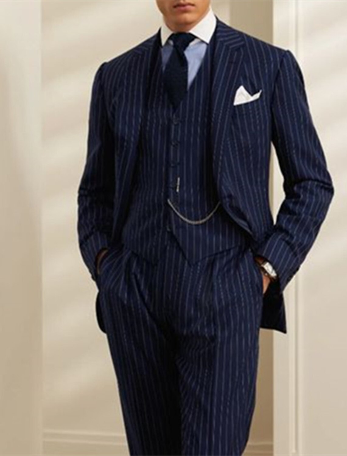 Men's Two-Piece Striped Wedding Suit In Tailored Fit With Single Breast And Two Buttons