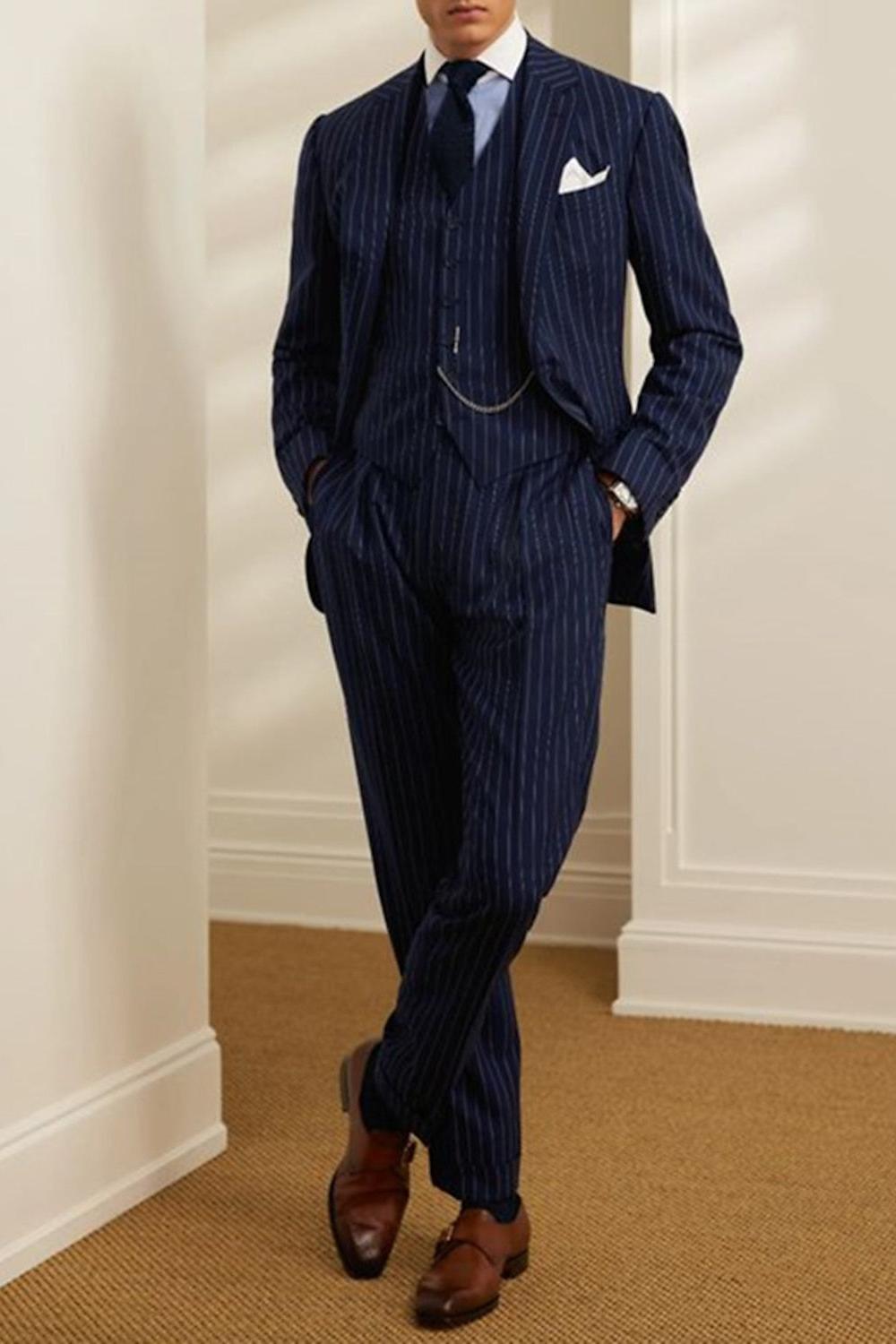 Men's Two-Piece Striped Wedding Suit In Tailored Fit With Single Breast And Two Buttons