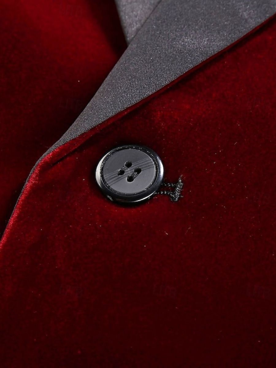 Men's Velvet Red Blazer With Peak Neck And Single-Button Closure