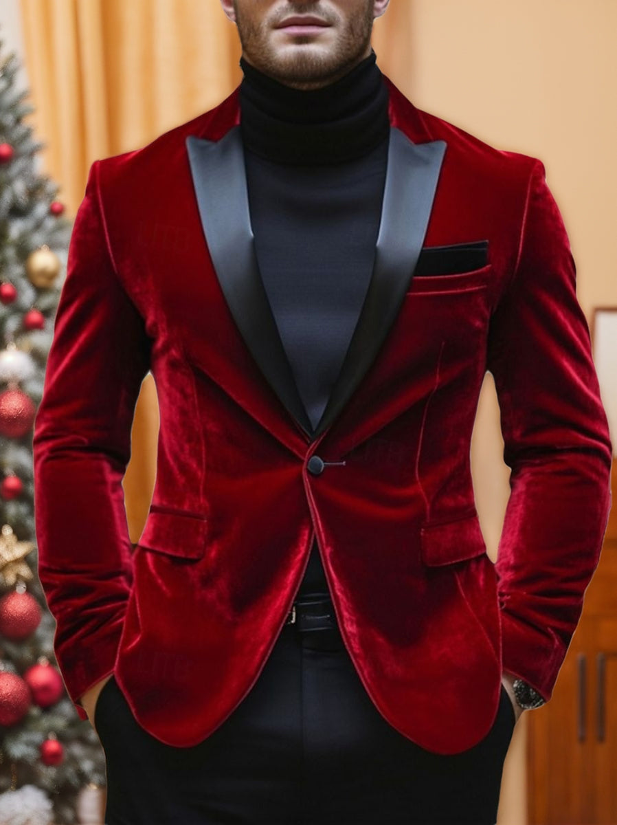 Men's Velvet Red Blazer With Peak Neck And Single-Button Closure