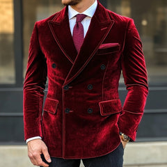 Men's Vintage Velvet Double Breasted Blazer In Red Purple With Six Buttons