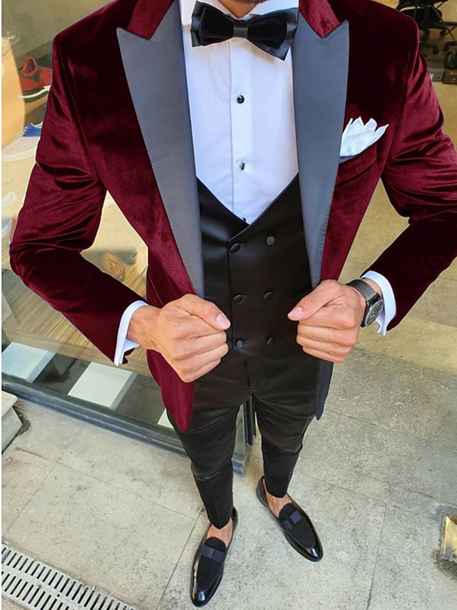 Men's Vintage Velvet One-Button Jacket In Black Blue And Burgundy