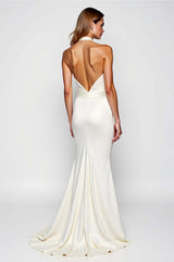 Mermaid Backless White Halter Long Formal Dress