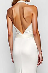 Mermaid Backless White Halter Long Formal Dress