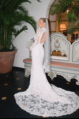 Mermaid Beach Wedding Dress Long Sleeve High Neck Lace Bridal Gown