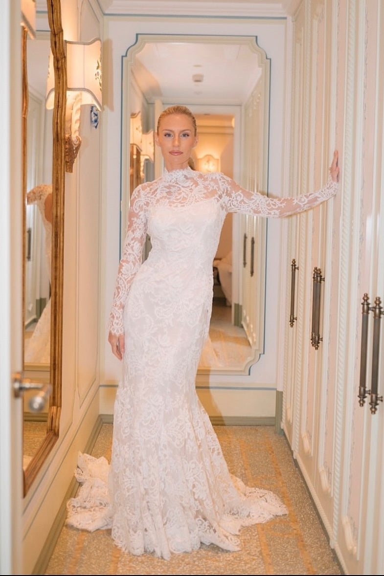 Mermaid Beach Wedding Dress Long Sleeve High Neck Lace Bridal Gown