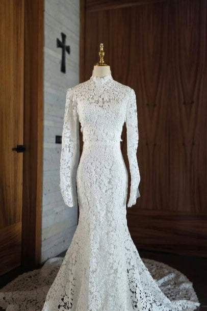 Mermaid Beach Wedding Dress Long Sleeve Lace High Neck Bridal Gown