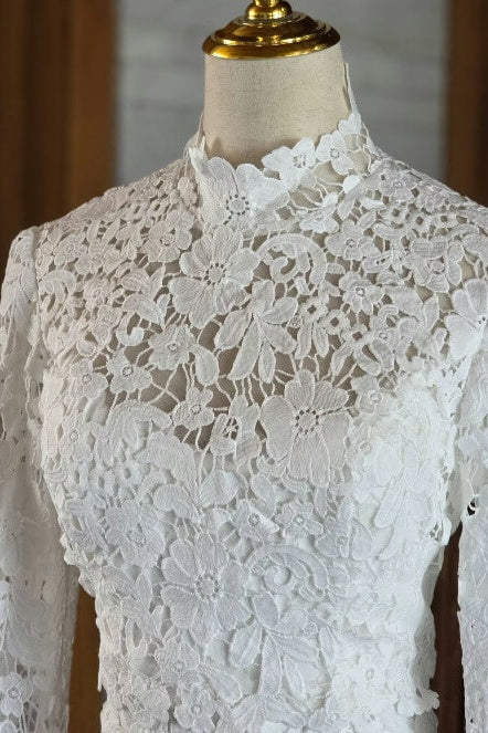 Mermaid Beach Wedding Dress Long Sleeve Lace High Neck Bridal Gown