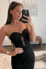 Mermaid Black Prom Dress Chic Sweetheart Appliques Long Evening Dress
