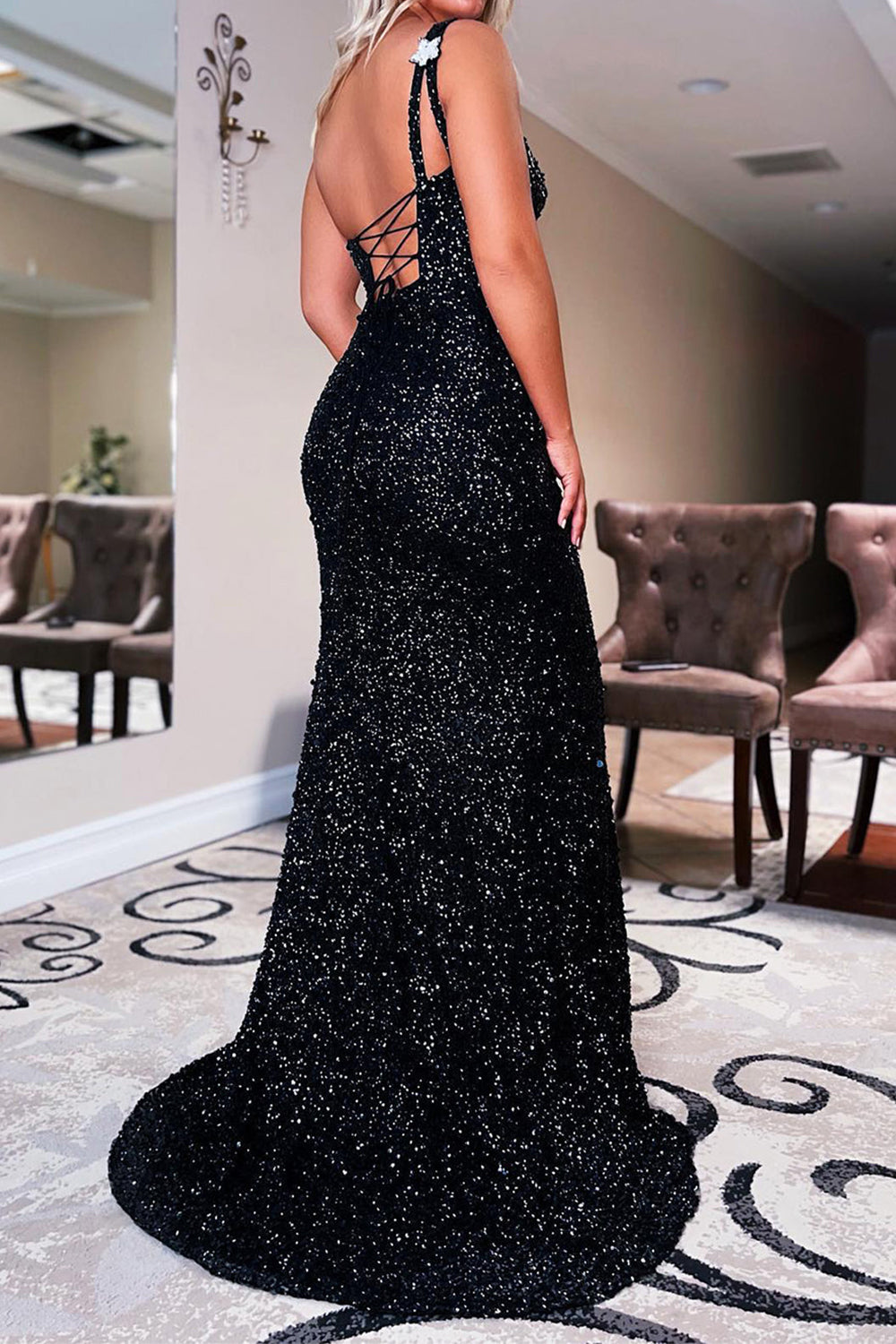 Mermaid Black Prom Dress Stars Sequined Evening Dress